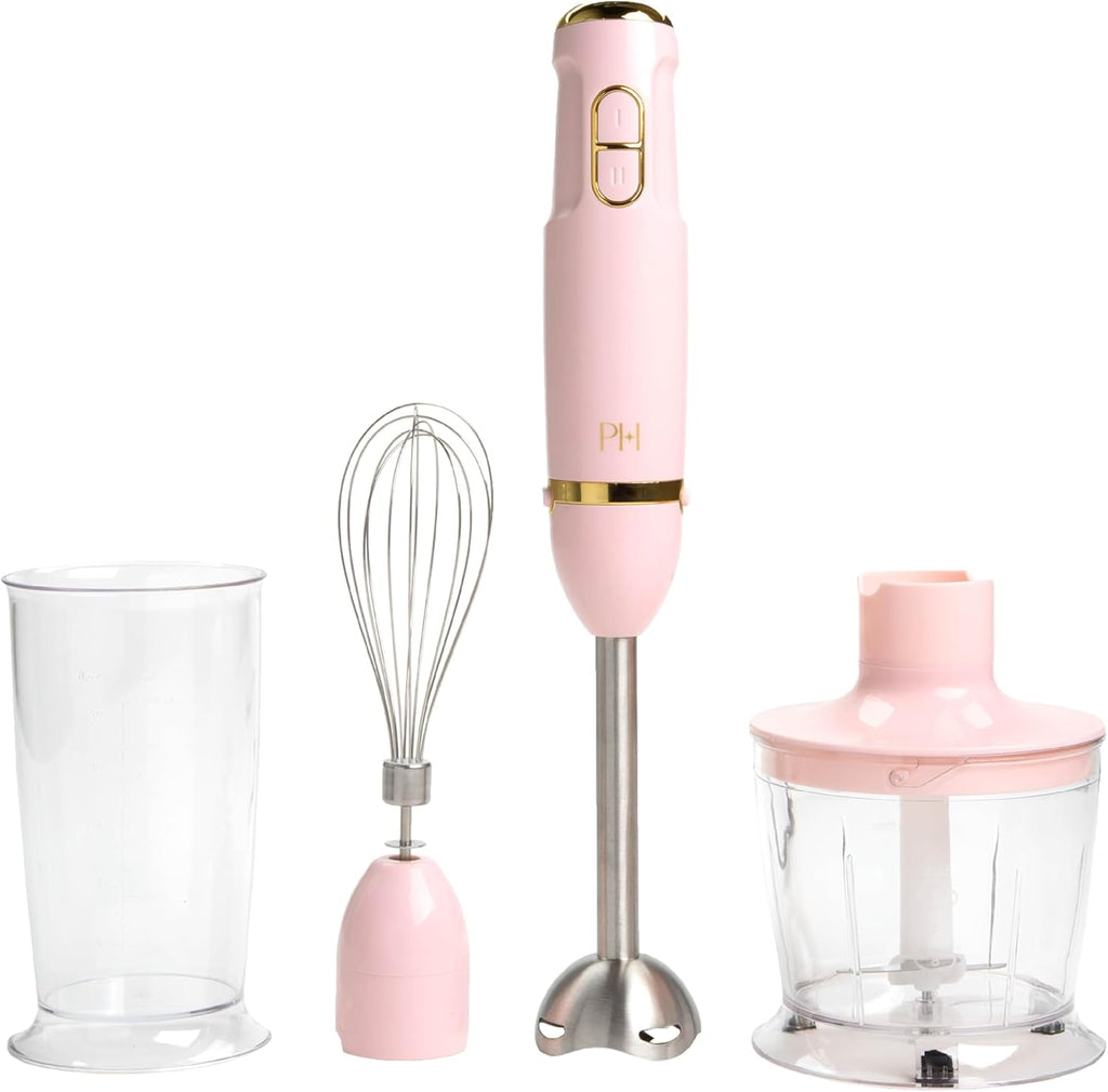 Hand Blender Set, 3-In-1 Immersion Blender with Whisk, Blending & Chopper Attachments, 400W High Speed, Pink with Gold Accents, Handheld Blender for Smoothies, Soups, Sauces, Cream, Pink