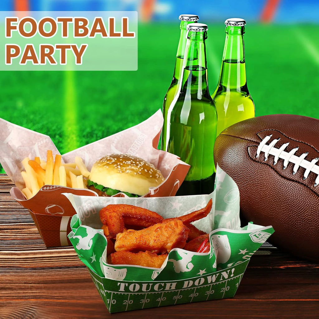 100 Pcs Football Serving Trays: 1.1 Lb 50 Paper Football Food Serving Boats with 50 Grease Resistant Liner Papers for Birthday Tailgate Party Supplies Sport Game Event Favor Decor