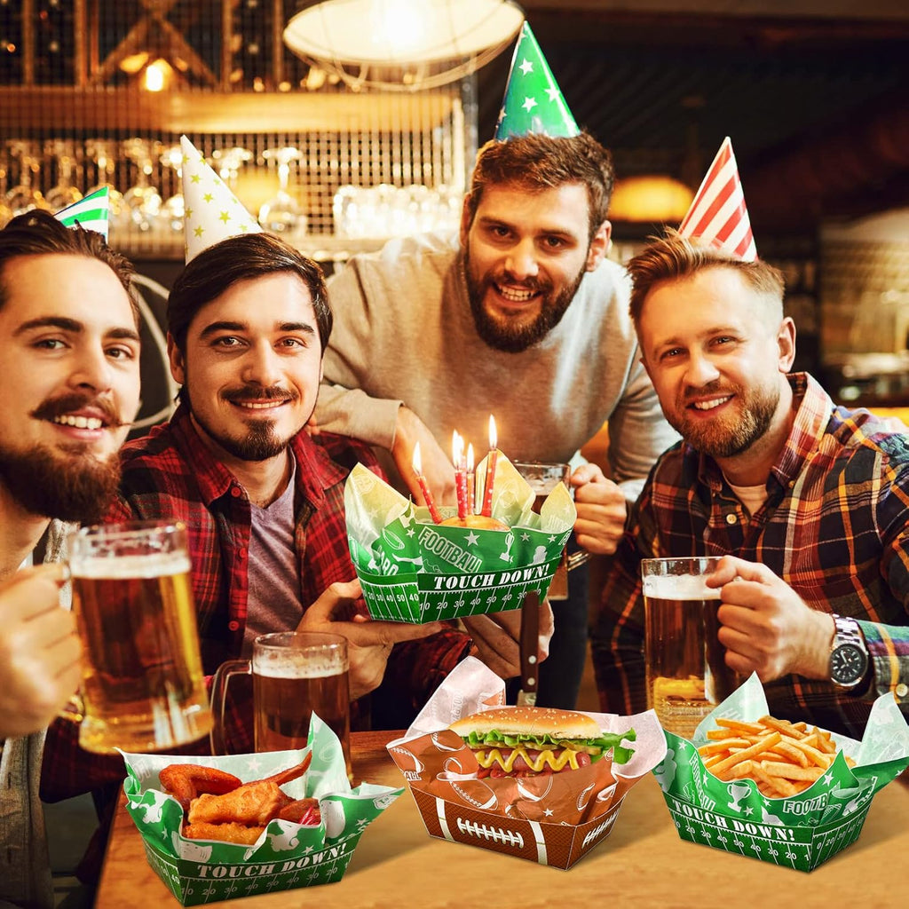 100 Pcs Football Serving Trays: 1.1 Lb 50 Paper Football Food Serving Boats with 50 Grease Resistant Liner Papers for Birthday Tailgate Party Supplies Sport Game Event Favor Decor