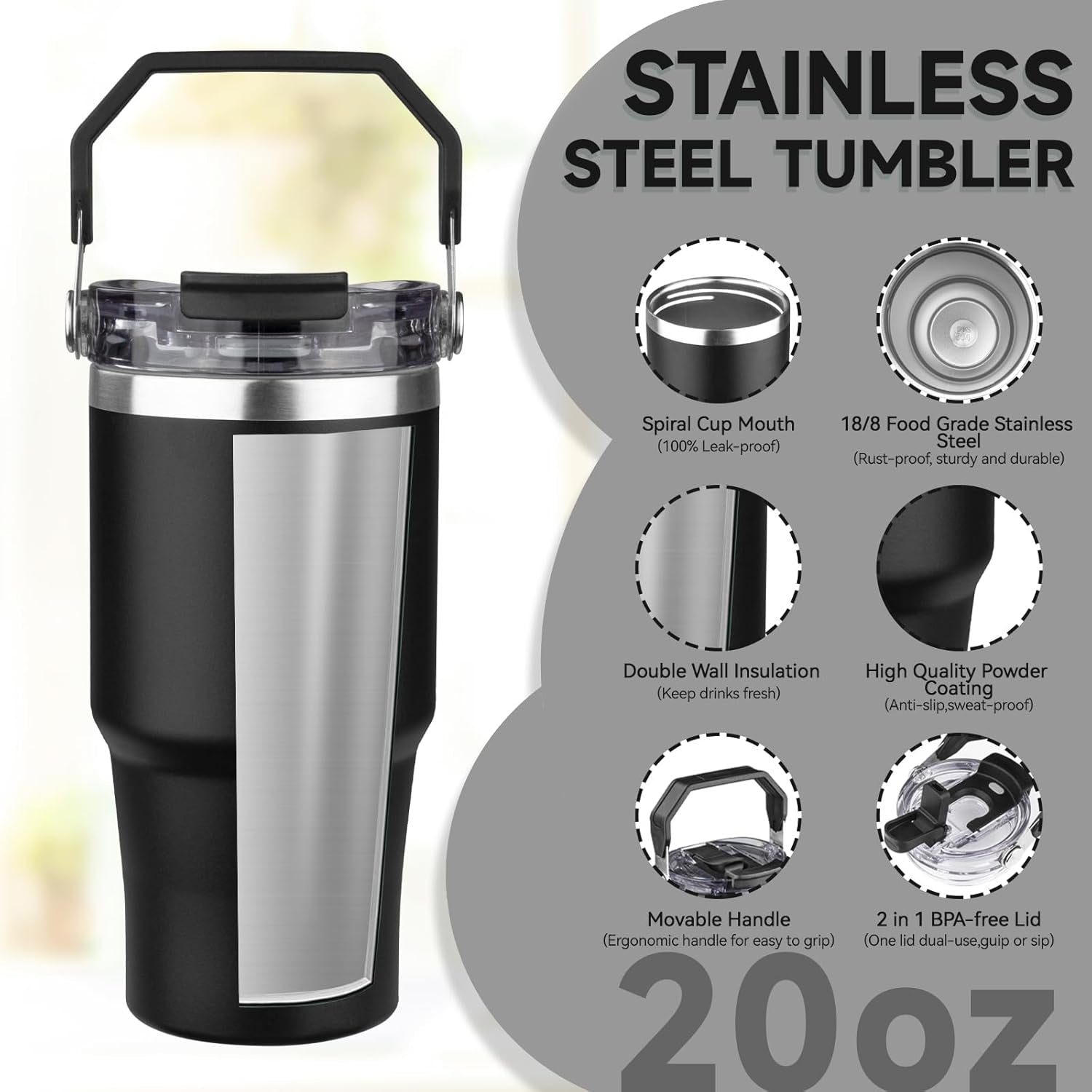20Oz Tumbler with Handle and Flip Straw Lid Double Wall Insulated Travel Coffee Mug Stainless Steel Vacuum Insulated Coffee Tumbler Cup for Hot and Cold Beverages,Leak-Proof&Bpa-Free (20Oz,Black)