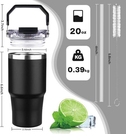 20Oz Tumbler with Handle and Flip Straw Lid Double Wall Insulated Travel Coffee Mug Stainless Steel Vacuum Insulated Coffee Tumbler Cup for Hot and Cold Beverages,Leak-Proof&Bpa-Free (20Oz,Black)