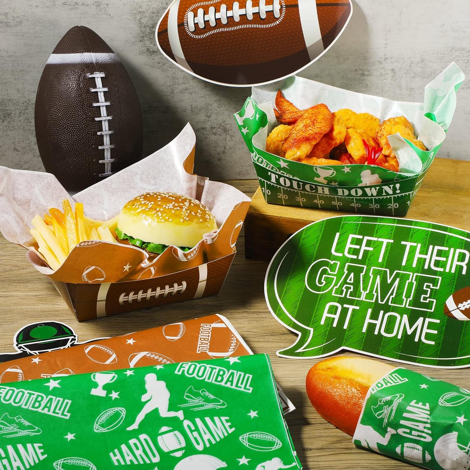 100 Pcs Football Serving Trays: 1.1 Lb 50 Paper Football Food Serving Boats with 50 Grease Resistant Liner Papers for Birthday Tailgate Party Supplies Sport Game Event Favor Decor