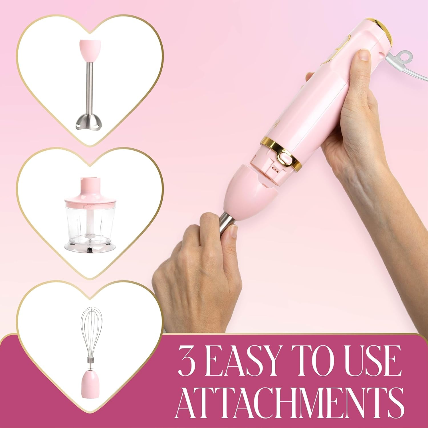 Hand Blender Set, 3-In-1 Immersion Blender with Whisk, Blending & Chopper Attachments, 400W High Speed, Pink with Gold Accents, Handheld Blender for Smoothies, Soups, Sauces, Cream, Pink