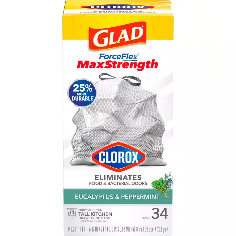 13 Gal. Forceflex Maxstrength with Clorox Tall Kitchen Drawstring Eucalyptus and Peppermint Trash Bags (34-Count)