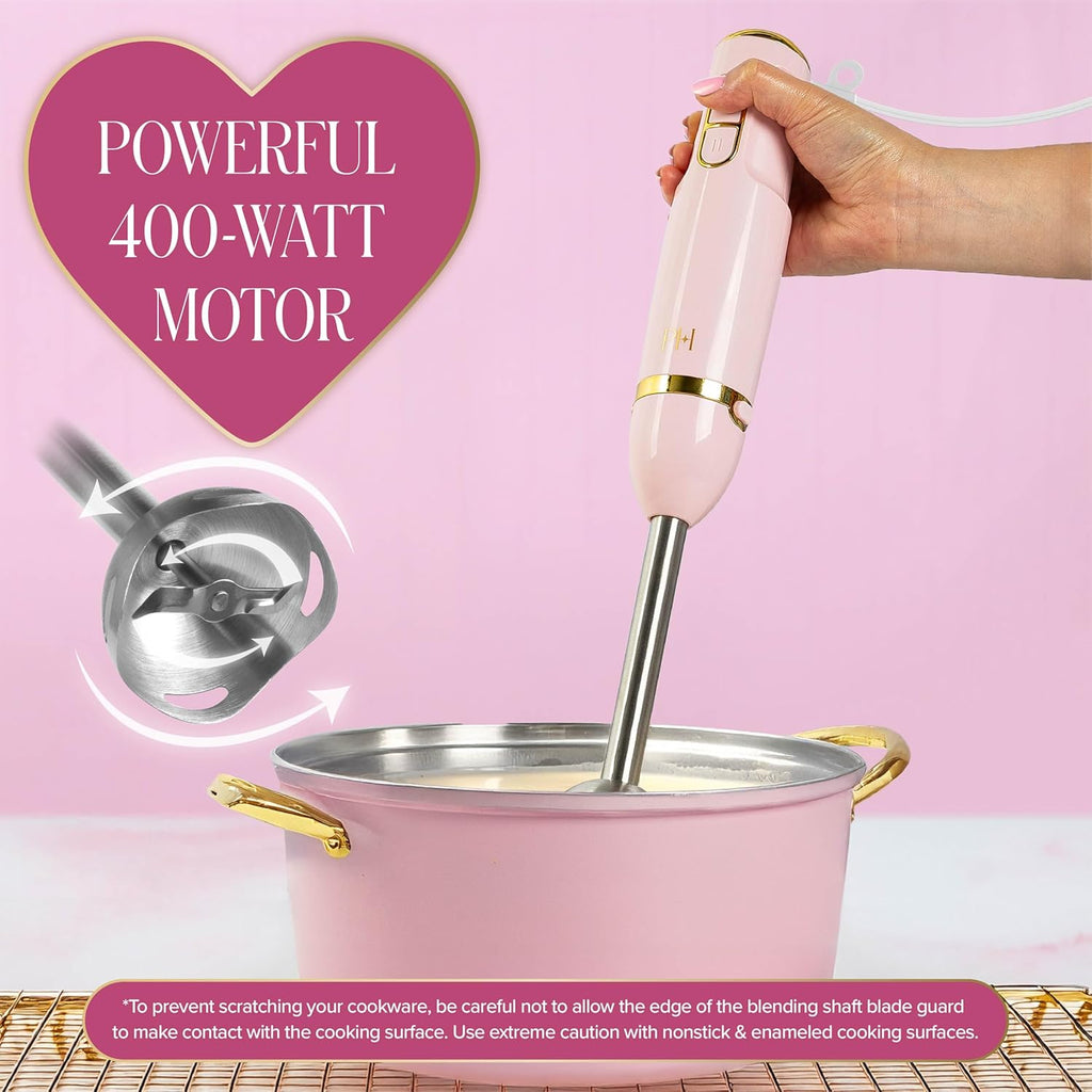 Hand Blender Set, 3-In-1 Immersion Blender with Whisk, Blending & Chopper Attachments, 400W High Speed, Pink with Gold Accents, Handheld Blender for Smoothies, Soups, Sauces, Cream, Pink