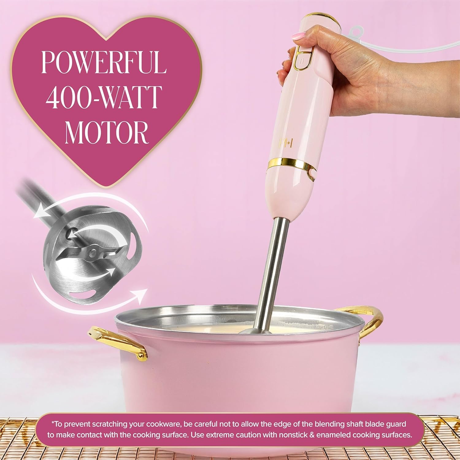 Hand Blender Set, 3-In-1 Immersion Blender with Whisk, Blending & Chopper Attachments, 400W High Speed, Pink with Gold Accents, Handheld Blender for Smoothies, Soups, Sauces, Cream, Pink