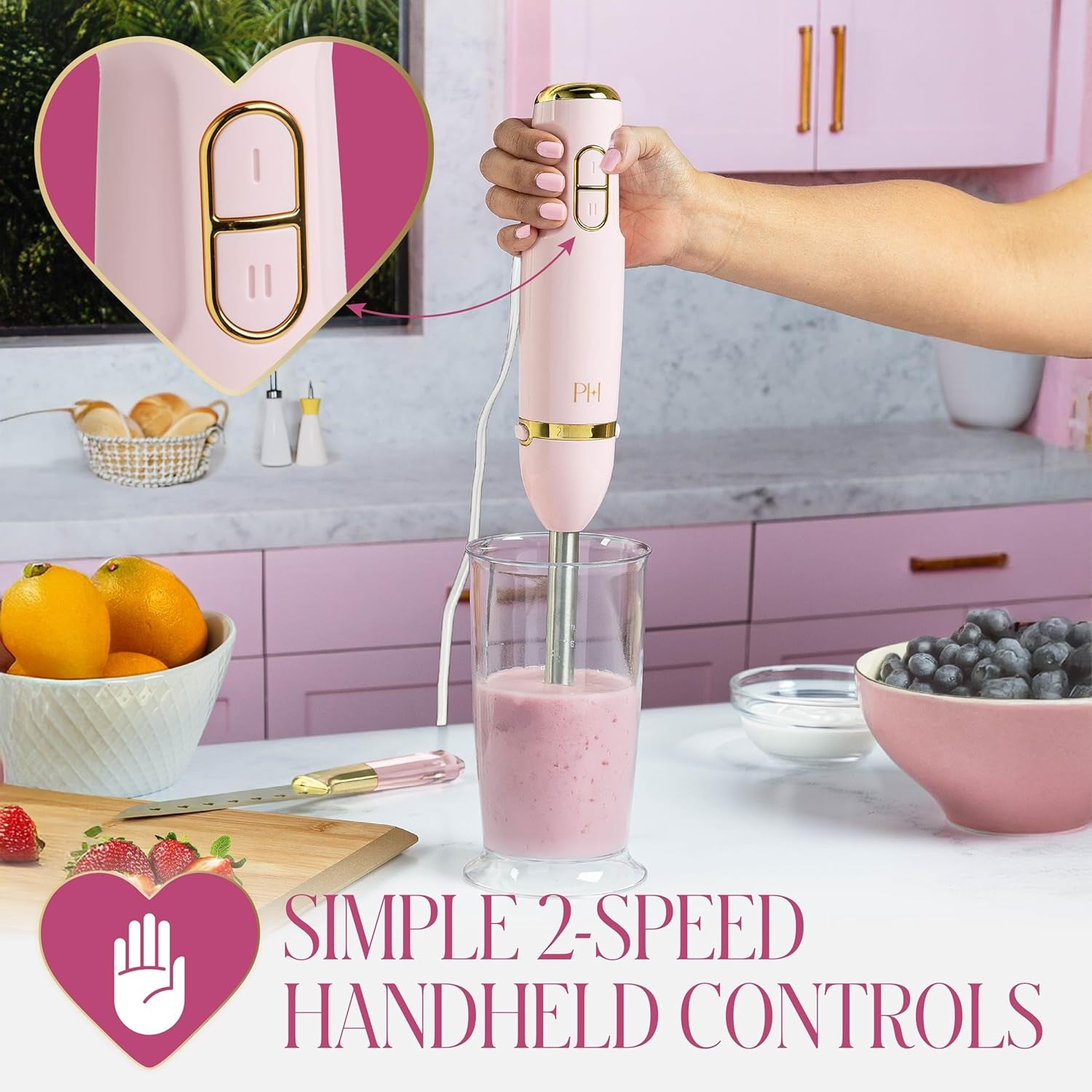Hand Blender Set, 3-In-1 Immersion Blender with Whisk, Blending & Chopper Attachments, 400W High Speed, Pink with Gold Accents, Handheld Blender for Smoothies, Soups, Sauces, Cream, Pink
