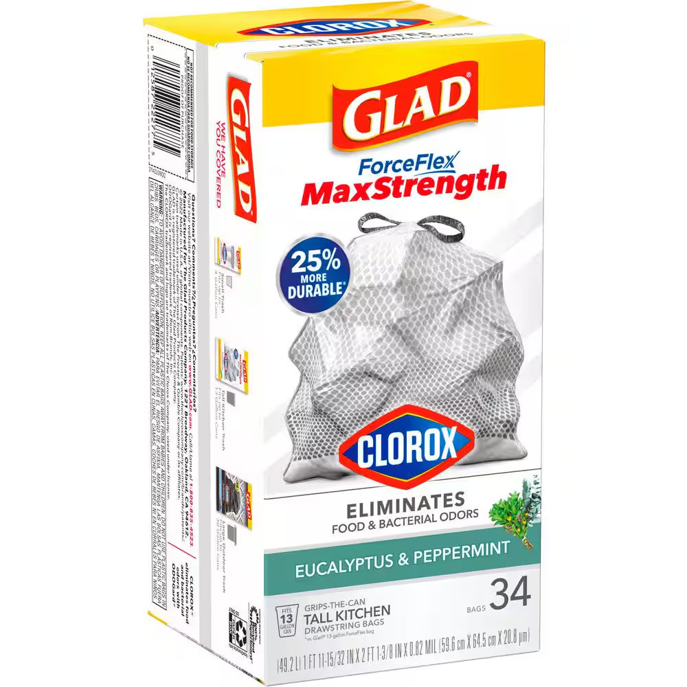 13 Gal. Forceflex Maxstrength with Clorox Tall Kitchen Drawstring Eucalyptus and Peppermint Trash Bags (34-Count)