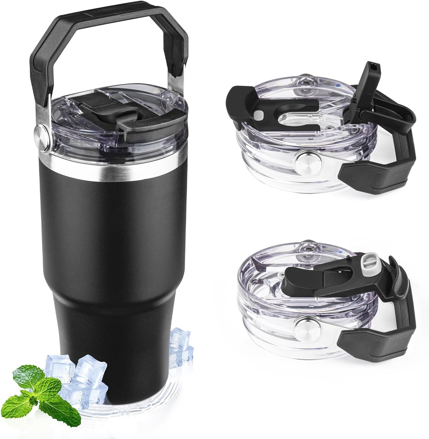 20Oz Tumbler with Handle and Flip Straw Lid Double Wall Insulated Travel Coffee Mug Stainless Steel Vacuum Insulated Coffee Tumbler Cup for Hot and Cold Beverages,Leak-Proof&Bpa-Free (20Oz,Black)