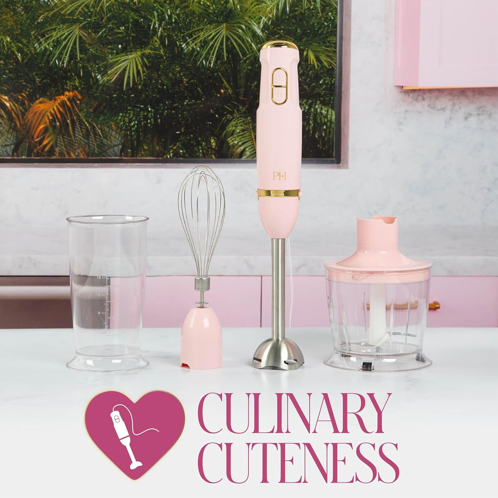 Hand Blender Set, 3-In-1 Immersion Blender with Whisk, Blending & Chopper Attachments, 400W High Speed, Pink with Gold Accents, Handheld Blender for Smoothies, Soups, Sauces, Cream, Pink