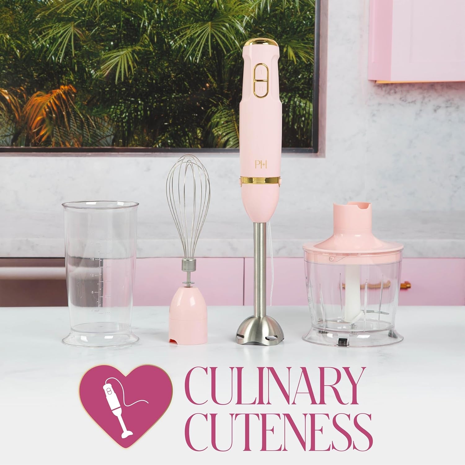 Hand Blender Set, 3-In-1 Immersion Blender with Whisk, Blending & Chopper Attachments, 400W High Speed, Pink with Gold Accents, Handheld Blender for Smoothies, Soups, Sauces, Cream, Pink