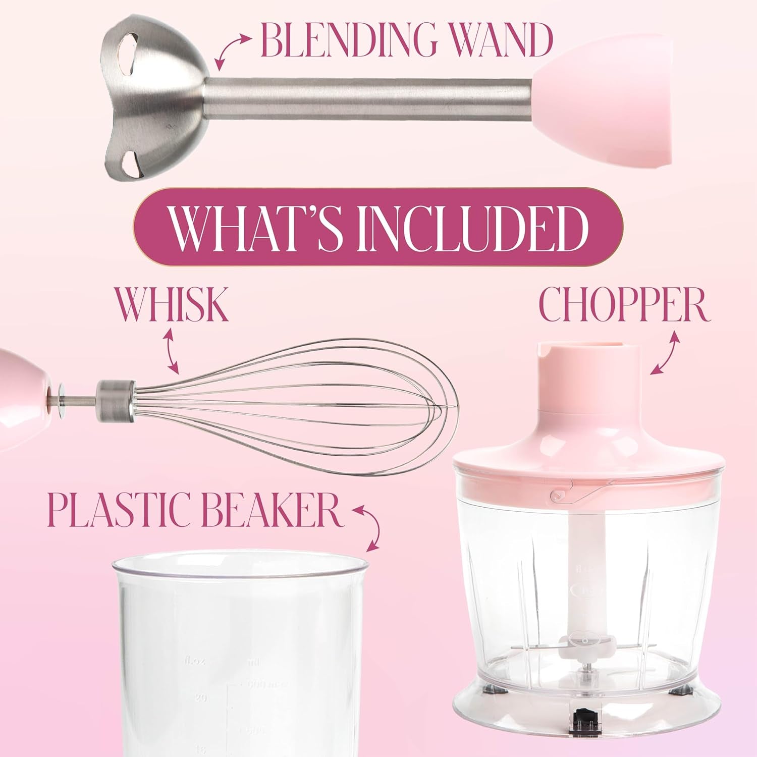 Hand Blender Set, 3-In-1 Immersion Blender with Whisk, Blending & Chopper Attachments, 400W High Speed, Pink with Gold Accents, Handheld Blender for Smoothies, Soups, Sauces, Cream, Pink