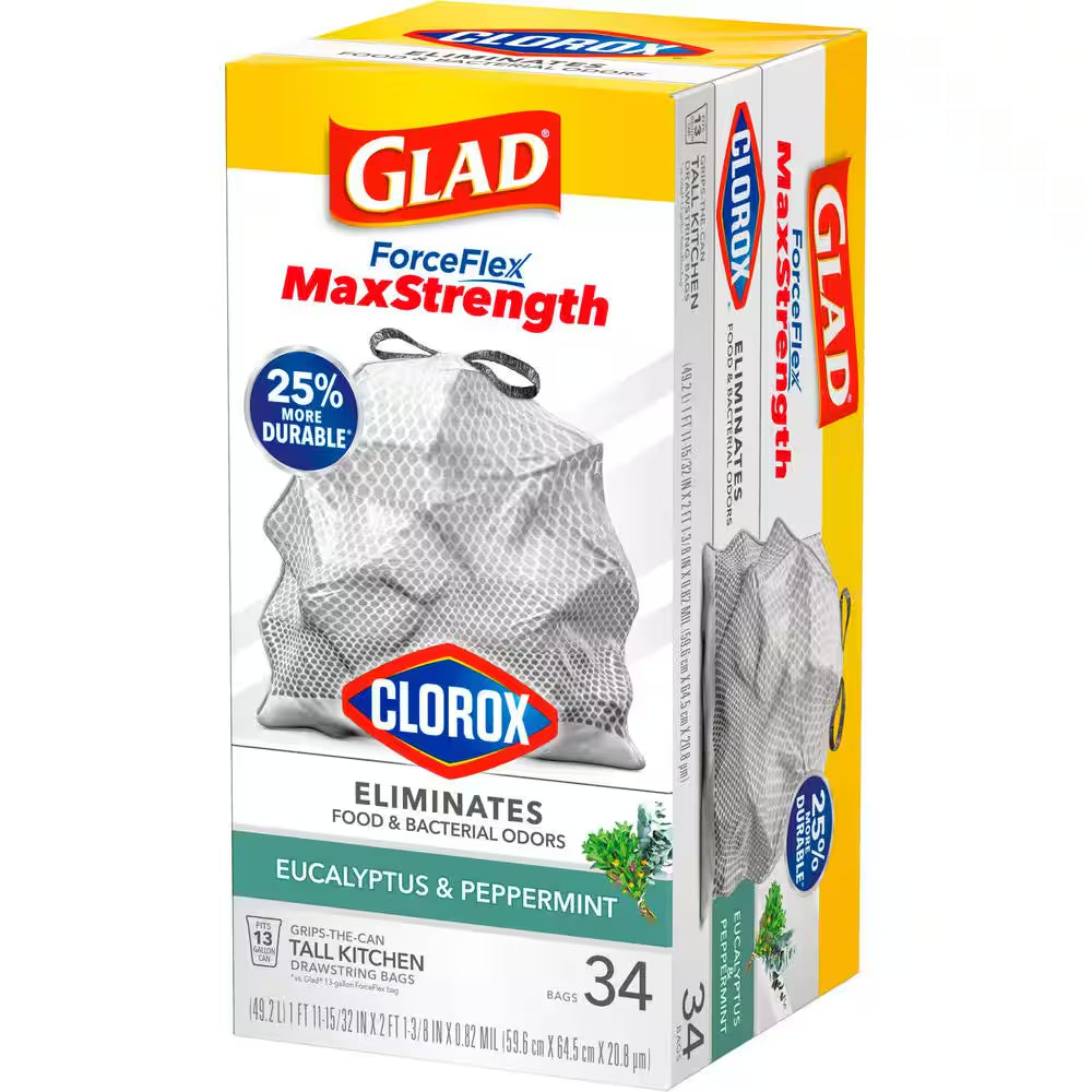 13 Gal. Forceflex Maxstrength with Clorox Tall Kitchen Drawstring Eucalyptus and Peppermint Trash Bags (34-Count)