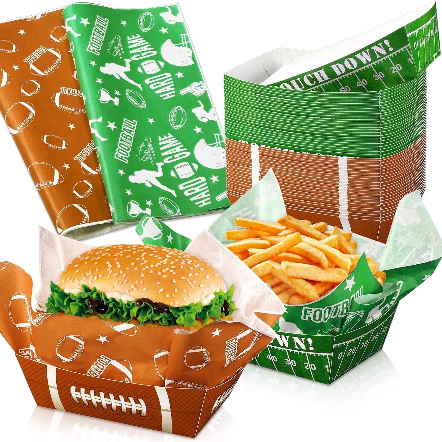 100 Pcs Football Serving Trays: 1.1 Lb 50 Paper Football Food Serving Boats with 50 Grease Resistant Liner Papers for Birthday Tailgate Party Supplies Sport Game Event Favor Decor