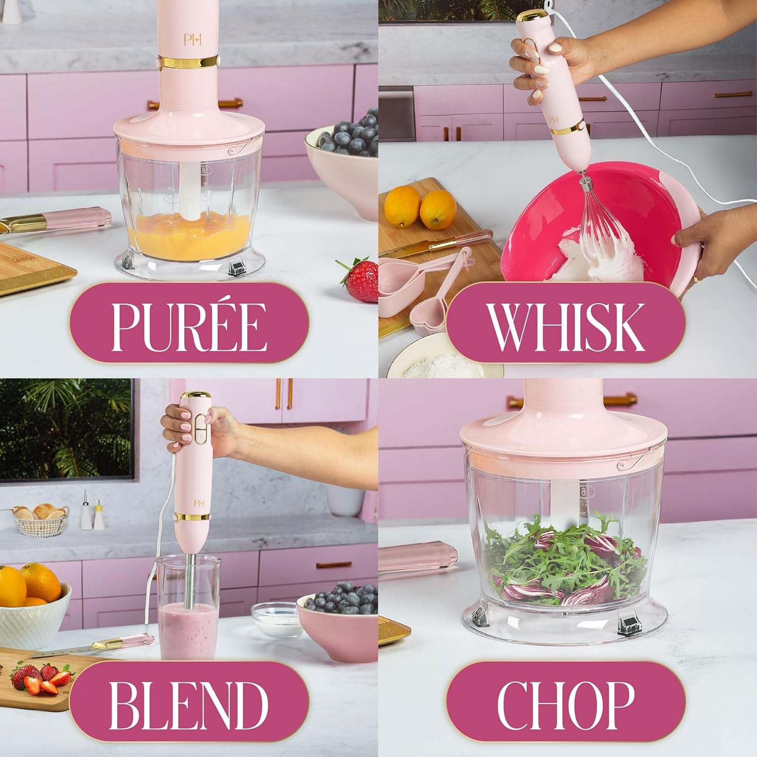 Hand Blender Set, 3-In-1 Immersion Blender with Whisk, Blending & Chopper Attachments, 400W High Speed, Pink with Gold Accents, Handheld Blender for Smoothies, Soups, Sauces, Cream, Pink